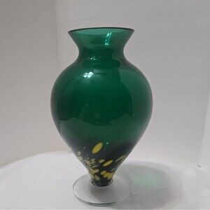Sasaki Style Malaga Vase 6.5” Art Deco Crystal Green Yellow Handcrafted Unique
